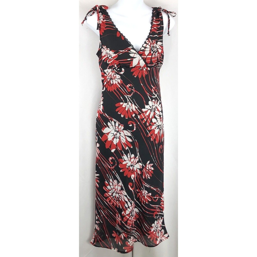 Vtg Chiffon Sleeveless Midi Dress S Blk Red Floral Lace Ruffles Whimsy Goth Y2K